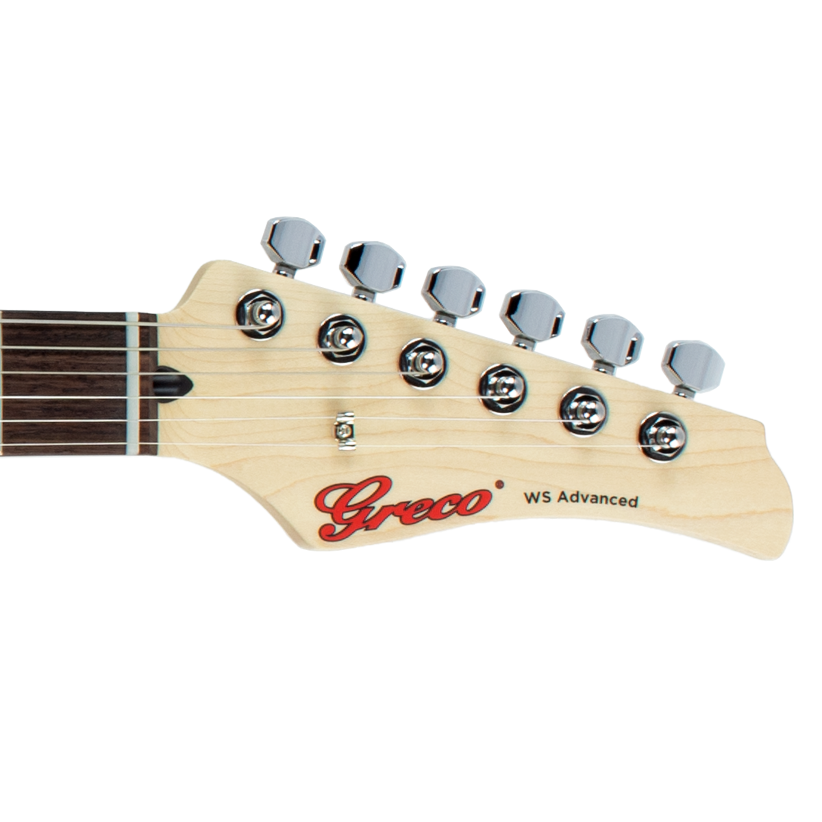 Guitar headstock with Greco logo on a natural background